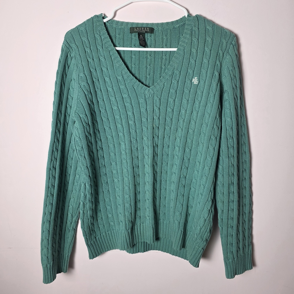 Lauren Ralph Lauren Cable Knit Sweater Petite Large Green V Neck Preppy Cotton